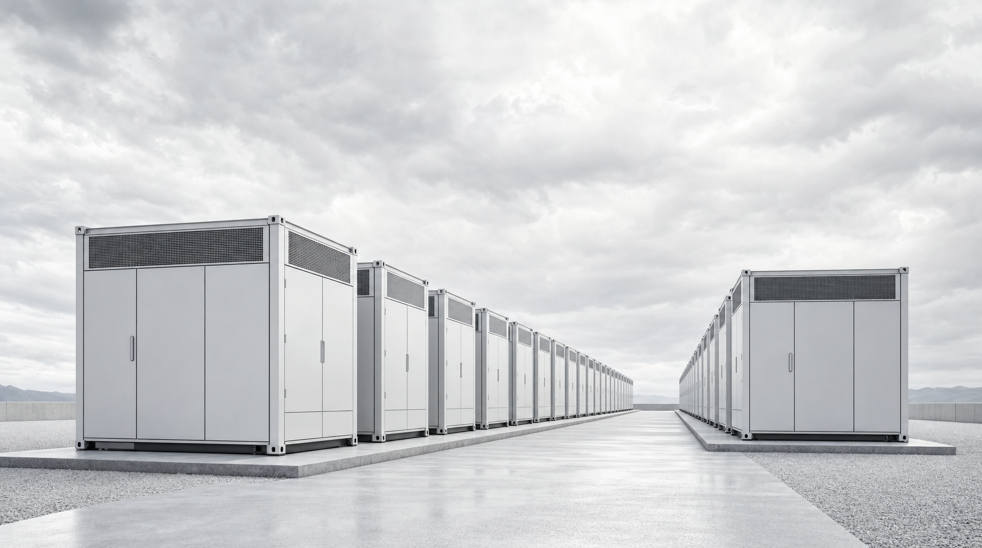 Industrial 20-foot BESS container — neutral studio rendering
